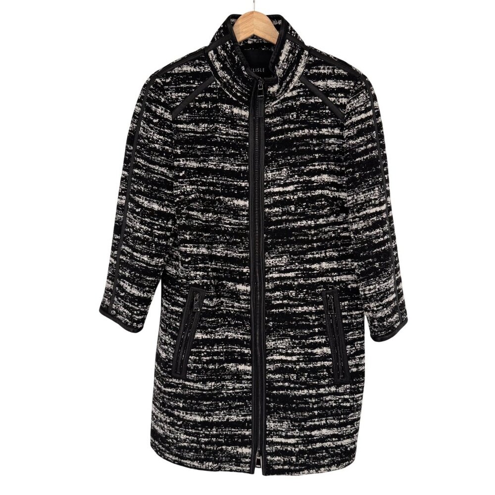 Carlisle Womens Black Tweed Coat jacket Zip wool blend leather trim Size 12